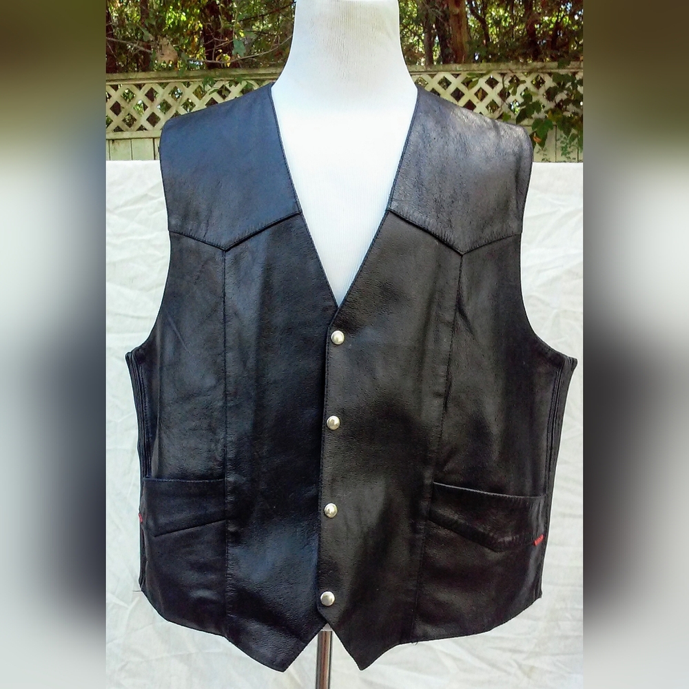 NWOT - Interstate Classic Black Leather Biker Vest Snap Front Mens 4X